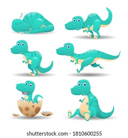 Collection of cartoon dinosaurs. Funny animal dinosaur trex. Different dinosaurs character vector illustrations.