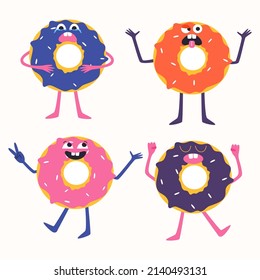 Collection of cartoon donuts with different emotions. Vector illustration.