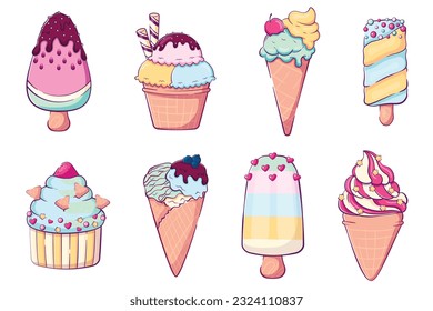 Collection of cartoon doodle ice cream. Pastel colors. Vector illustration of cute food for marketing.
