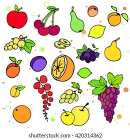 Collection of cartoon doodle juicy fruits and berries. Vector illustration. 