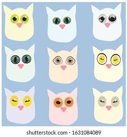 Collection of cartoon doodle vector owls.Design elements for decoration. Pastel colour