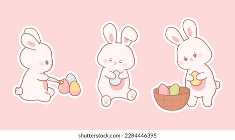 Collection of cartoon Easter bunny stickers in kawaii style and pastel colors. Vector set of cute rabbits in different poses with eggs