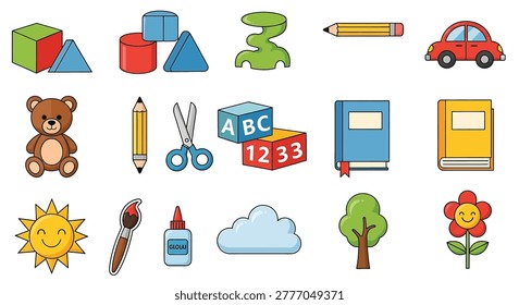Collection of cartoon educational icons for kids