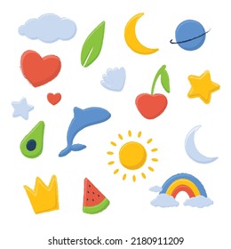 collection cartoon element moon, leaves, cloude, sun for design, books, print, design, poster, greeting card, postcard