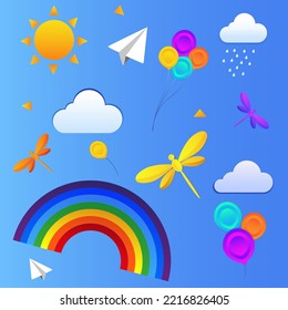 collection cartoon element rainbow cloud sun butterfly kite balloons