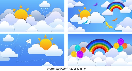 collection cartoon element rainbow cloud sun butterfly kite balloons