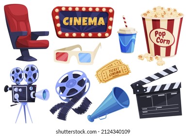 Collection cartoon elements of film industry vector flat illustration. Movie and cinema attributes set isolated on white. Spectator armchair, illuminated signboard, 3d goggles, popcorn, ticket