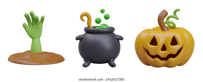 Collection with cartoon elements for Halloween. Green zombie hand woke up and rise underground, black vat with green poison and orange lantern pumpkin. Vector illustration in 3d style