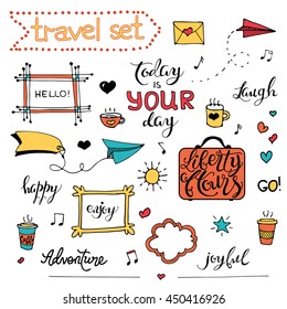 Collection of cartoon elements. Vector hand drawn set of objects:banner, word, figure, frame, heart, quote. Doodle sketch style.Hand drawn. Isolated. Outlines. Colorful