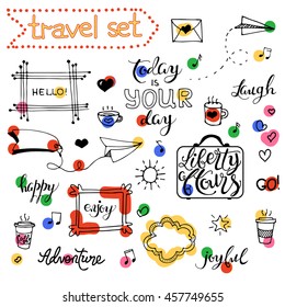Collection of cartoon elements. Vector hand drawn set of objects:banner, word, figure, frame, heart, quote. Doodle sketch style.Hand drawn. Isolated. Outline. Painted with highlighter