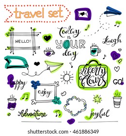 Collection of cartoon elements. Vector hand drawn set of objects:banner, word, figure, frame, heart, quote. Doodle sketch style.Hand drawn. Isolated. Outline. Painted with highlighter