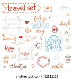 Collection of cartoon elements. Vector hand drawn set of objects:banner, word, figure, frame, heart, quote. Doodle sketch style.Hand drawn. Isolated. Outlines. Colorful