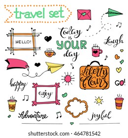 Collection of cartoon elements. Vector hand drawn set of objects:banner, word, figure, frame, heart, quote. Doodle sketch style.Hand drawn. Isolated. Outlines. Colorful