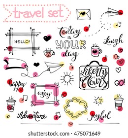 Collection of cartoon elements. Vector hand drawn set of objects:banner, word, figure, frame, heart, quote. Doodle sketch style.Hand drawn. Isolated. Outline. Painted with highlighter