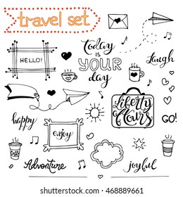 Collection of cartoon elements. Vector.  Set of objects: banner, word, figure, frame, heart, quote. Doodle sketch. Hand drawn. Isolated. Outline