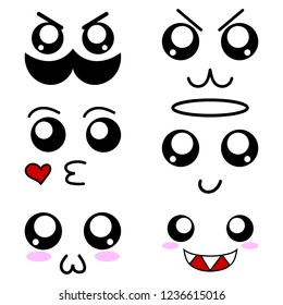 Collection of Cartoon Faces Expressions. Emoticons in Anime Style. Vector Illustration of Emotions for Your Design.