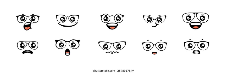 Collection of cartoon faces wearing glasses, showing various emotions like surprise and happiness.