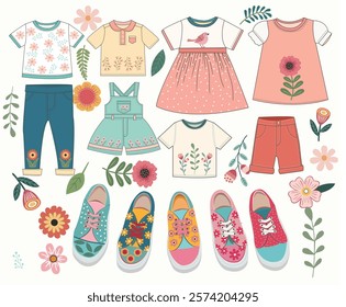 Collection of Cartoon fashion cloth and sneakers  with flower print for  kids and chidren In Flat Style. Set icon flat  of dress, pants, shirt,  sneakers on white background