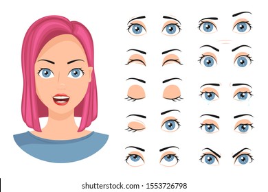 Collection Of Cartoon Female Eyes With Different Emotions. Set Of Different Eye Expressions. Vector Illustration.