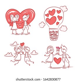 collection cartoon figure lovers in different poses with red heart, stick man