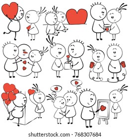 collection cartoon figure lovers in different poses with red heart, stick man