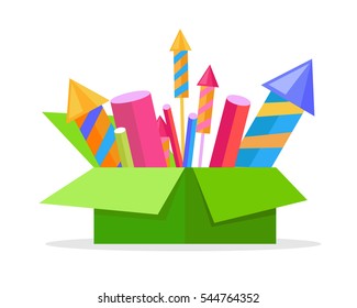 Collection of cartoon fireworks in paper container. Carton box full of bright pyrotechnics isolated on white. Flat vector illustration of explosive holiday equipments for Christmas and New Year