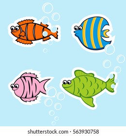 Collection cartoon fish with bubbles