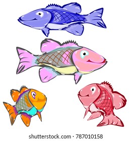 Collection of cartoon fish, character on white background, vector