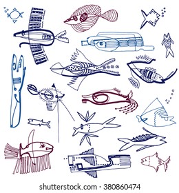 Collection of cartoon fish.Hand drawn colorful illustration. Seamless pattern for design, postcards, wallpaper, book design.