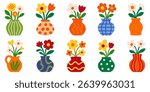 Collection of cartoon flowers in colorful decorative vases. Bright floral set in flat style. Isolated on white background. Stock vector illustration in flat cartoon style.
