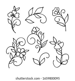 Collection cartoon flowers. Floral elements for wedding design, birthday, womens holiday, Valentines day. Vector hand drawn doodle illustration. Pattern for design book, wrapping organic cosmetic