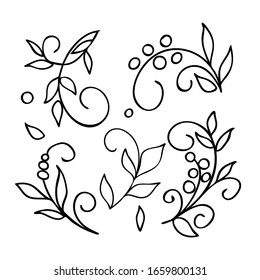 Collection cartoon flowers. Floral elements for wedding design, birthday, womens holiday, Valentines day. Vector hand drawn doodle illustration. Pattern for design book, wrapping organic cosmetic