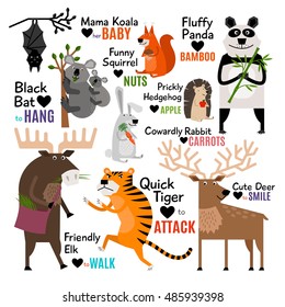 Collection of cartoon forest animals with captions