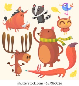 Collection of cartoon forest animals images. Vector set of animal icons isolated on white. Vector illustration of boar, badger, blue bird, elk moose, bear, owl and fox. Design logo, icon or emblem