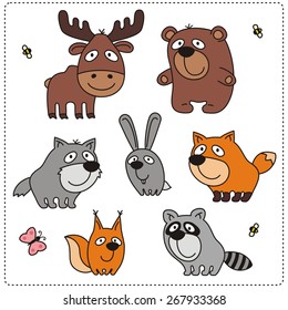Collection cartoon forest animals isolated on white background - elk, bear, wolf, hare, fox, squirrel, raccoon.