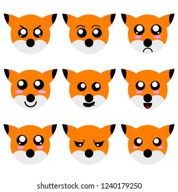 Collection of Cartoon Fox Faces isolated on white background. Different Emotions, Expressions. Anime Style. Vector Illustration for Your Design, Game, Card.