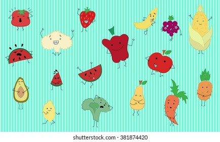 collection of cartoon fruit and vegetables, colored background