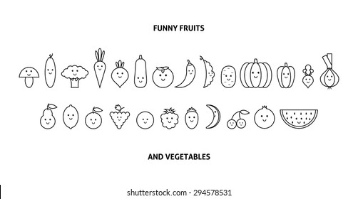 Collection of cartoon fruit and vegetables icon. Line art design