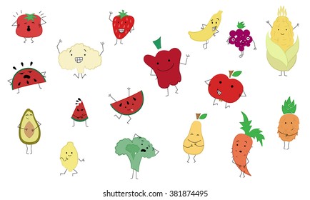 collection of cartoon fruit and vegetables, isolated