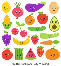 Collection of cartoon fruit and vegetables. Vector illustration.