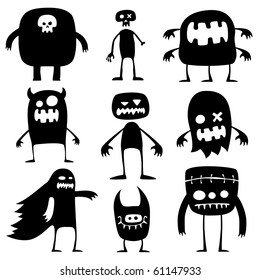 Collection of cartoon funny Halloween monsters silhouettes