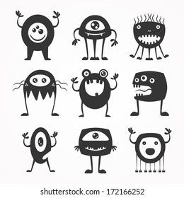 Collection of cartoon funny monsters silhouettes