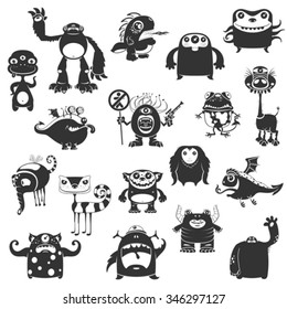 Collection Of Cartoon Funny Monsters Silhouettes On White Background