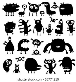 collection of cartoon funny monsters silhouettes