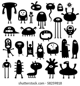 Collection of cartoon funny monsters silhouettes