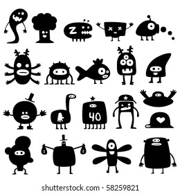 Collection of cartoon funny monsters silhouettes