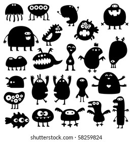 Collection of cartoon funny monsters silhouettes