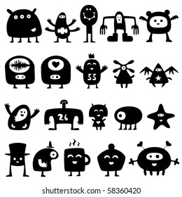 Collection of cartoon funny monsters silhouettes