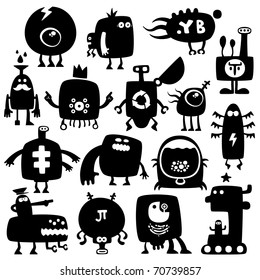 Collection of cartoon funny monsters silhouettes