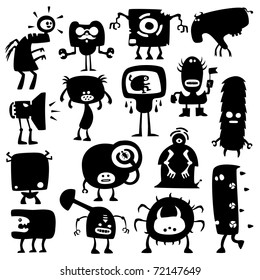 Collection of cartoon funny monsters silhouettes